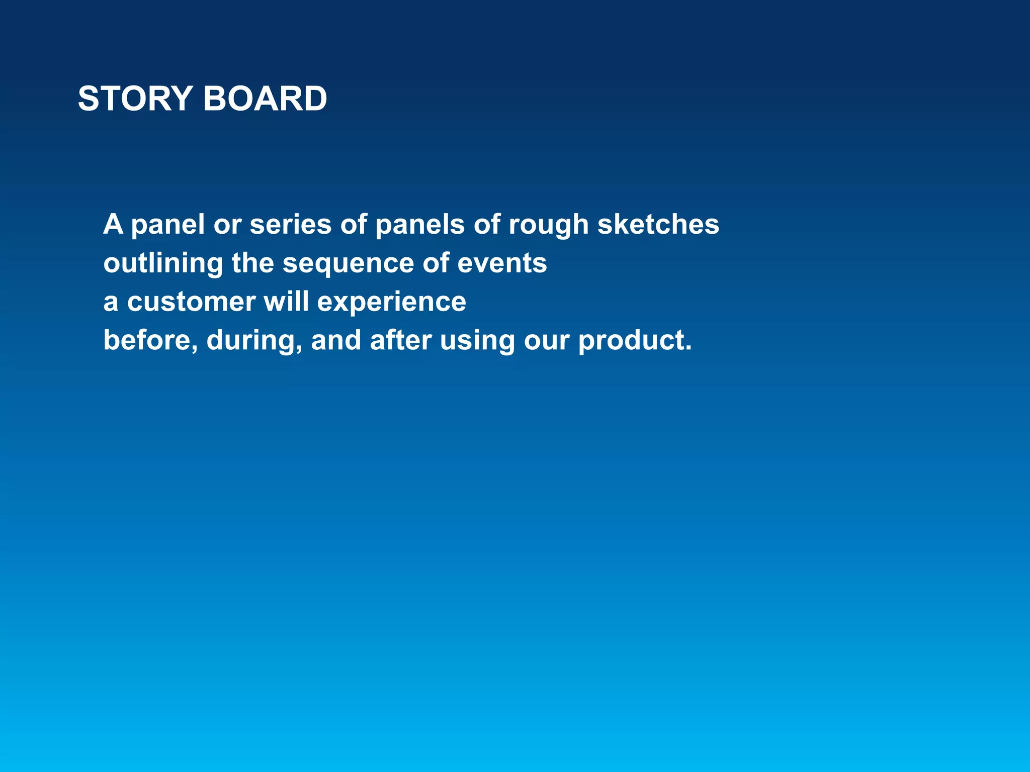 STORY BOARD
A panel or series of panels of rough sketches
outlining the sequence of events
a customer will experience
before, during, and after using our product.
 
