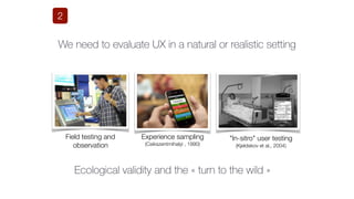 We need to evaluate UX in a natural or realistic setting
Field testing and
observation
"In-sitro" user testing
(Kjeldskov ...