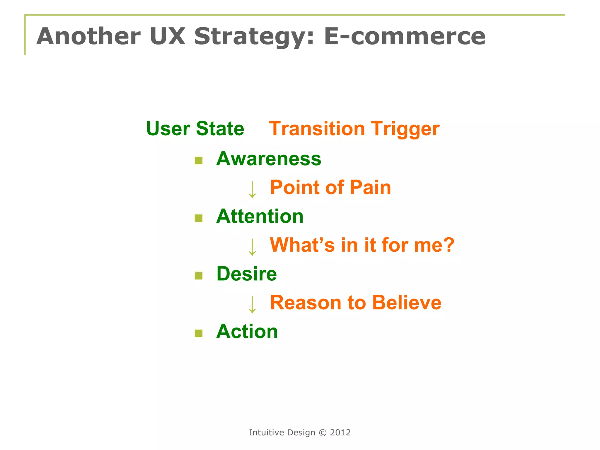 Another UX Strategy: E-commerce


       User State Transition Trigger
             Awareness

                 ↓ Point of Pain
             Attention

                 ↓ What’s in it for me?
             Desire

                 ↓ Reason to Believe
             Action




                 Intuitive Design © 2012
 