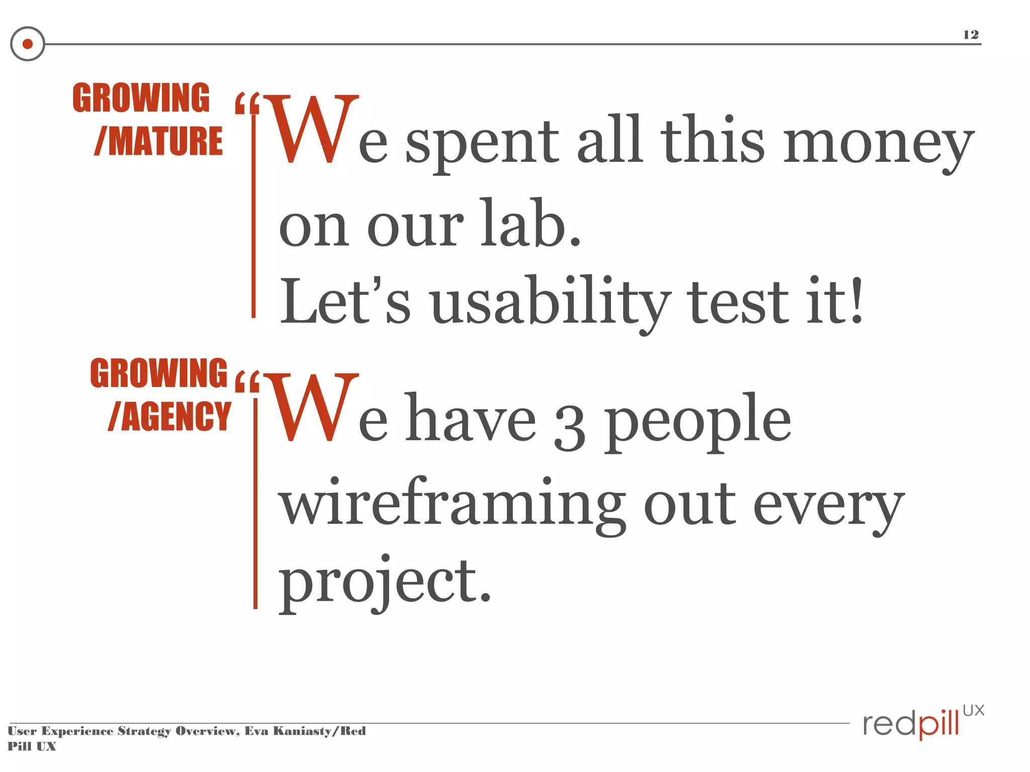 12

GROWING
/MATURE

“We spent all this money
on our lab.
Let’s usability test it!

GROWING
/AGENCY

“We have 3 people
wireframing out every
project.

User Experience Strategy Overview, Eva Kaniasty/Red
Pill UX

 