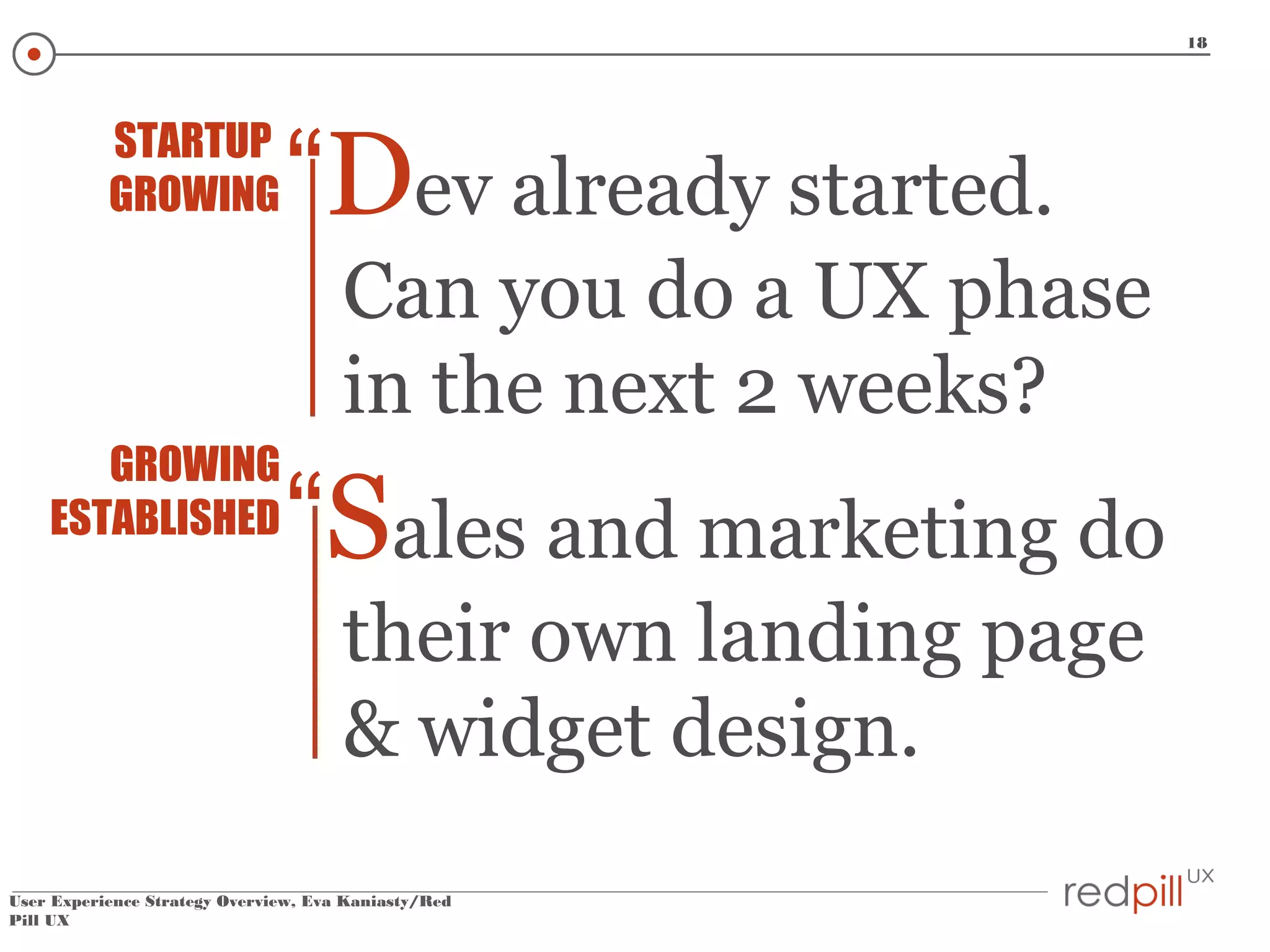 18

STARTUP
GROWING

“Dev already started.
Can you do a UX phase
in the next 2 weeks?

GROWING
ESTABLISHED

“Sales and marketing do
their own landing page
& widget design.

User Experience Strategy Overview, Eva Kaniasty/Red
Pill UX

 