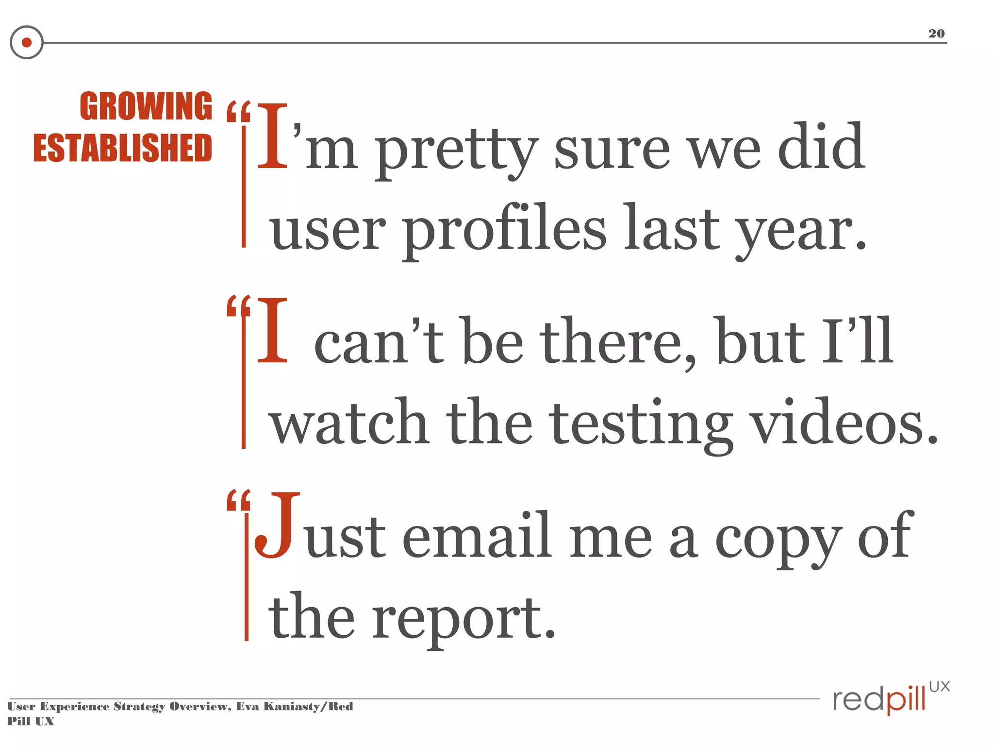 20

GROWING
ESTABLISHED

“I’m pretty sure we did
user profiles last year.

“I can’t be there, but I’ll
watch the testing videos.

“Just email me a copy of
the report.
User Experience Strategy Overview, Eva Kaniasty/Red
Pill UX

 