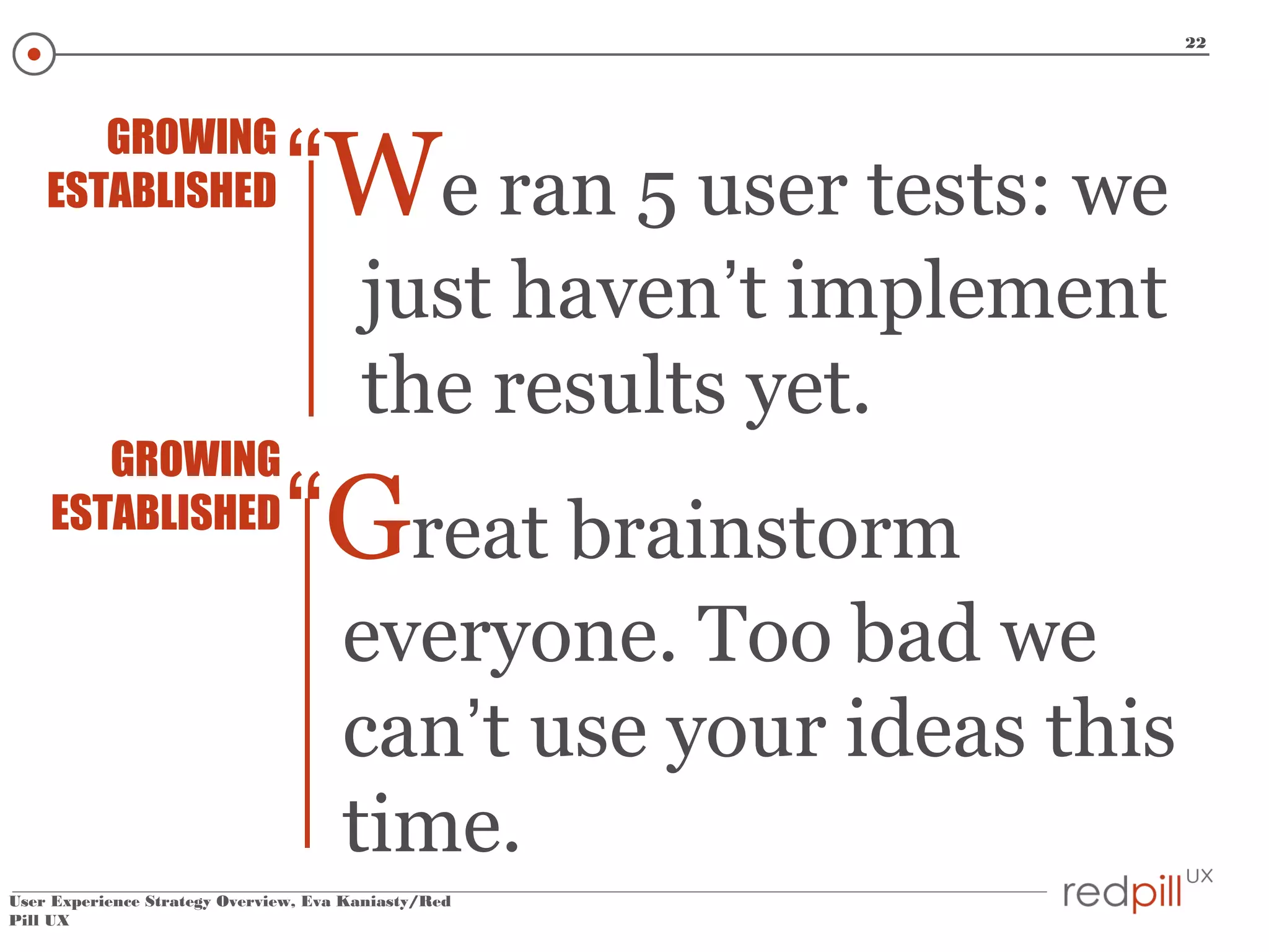 22

GROWING
ESTABLISHED

“We ran 5 user tests: we
just haven’t implement
the results yet.

GROWING
ESTABLISHED

“Great brainstorm
everyone. Too bad we
can’t use your ideas this
time.

User Experience Strategy Overview, Eva Kaniasty/Red
Pill UX

 