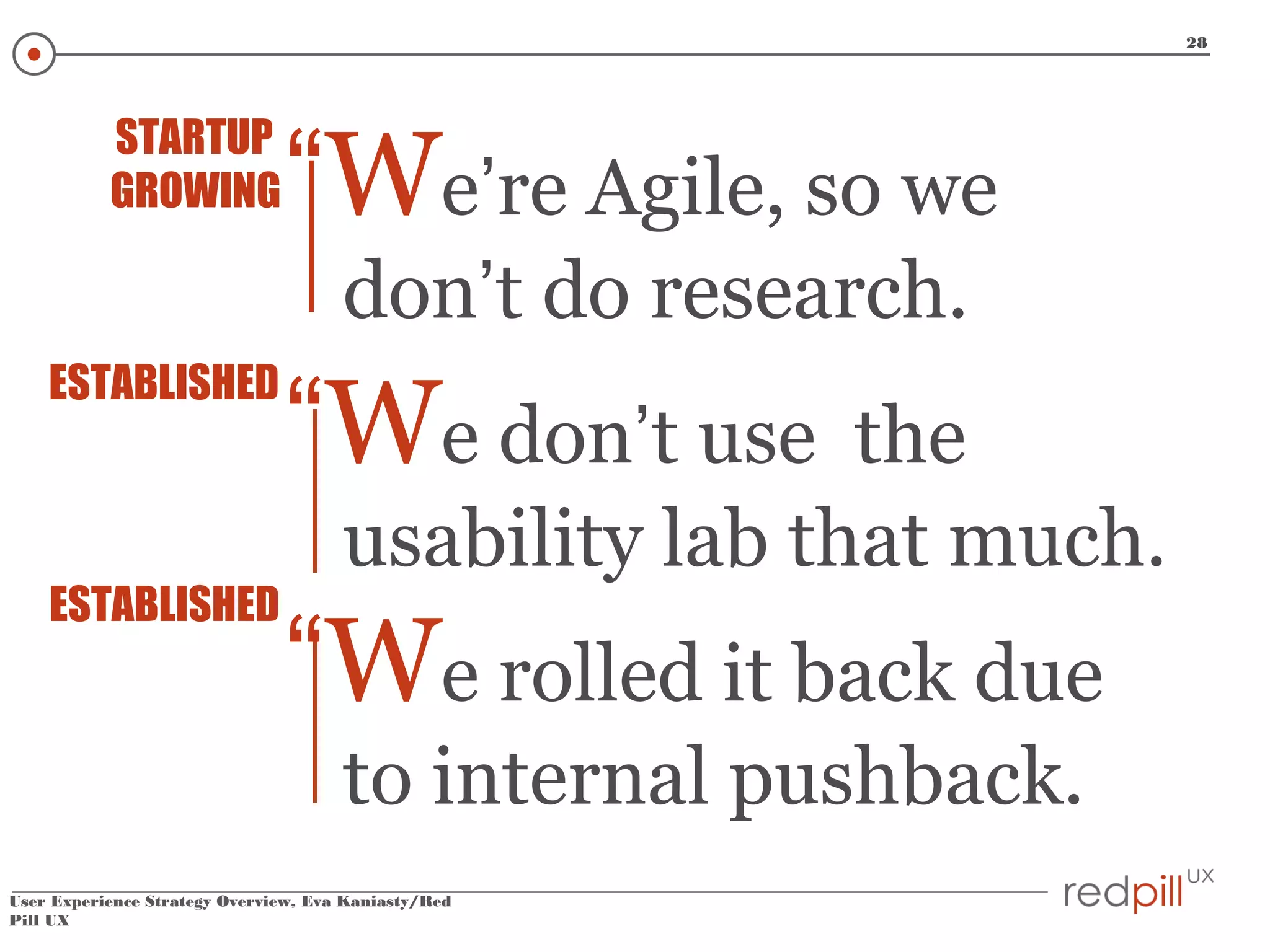 28

STARTUP
GROWING

“We’re Agile, so we
don’t do research.

ESTABLISHED

“We don’t use

ESTABLISHED

“We rolled it back due

the
usability lab that much.
to internal pushback.

User Experience Strategy Overview, Eva Kaniasty/Red
Pill UX

 
