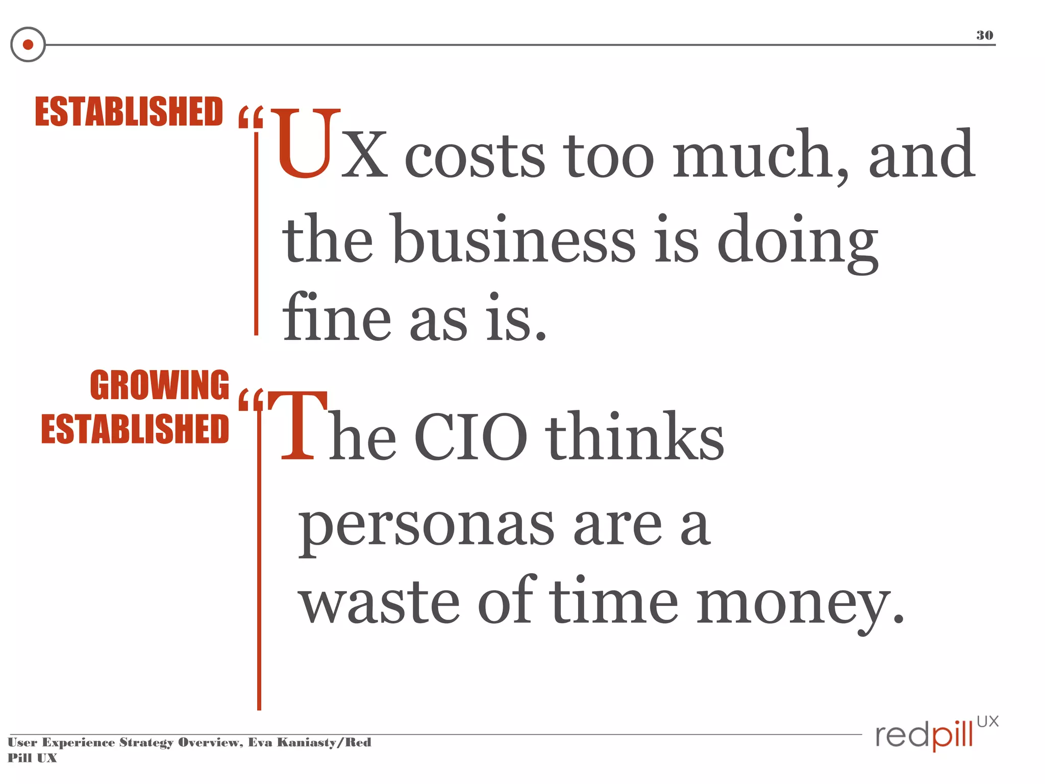 30

ESTABLISHED

“UX costs too much, and
the business is doing
fine as is.

GROWING
ESTABLISHED

“The CIO thinks
personas are a
waste of time money.

User Experience Strategy Overview, Eva Kaniasty/Red
Pill UX

 