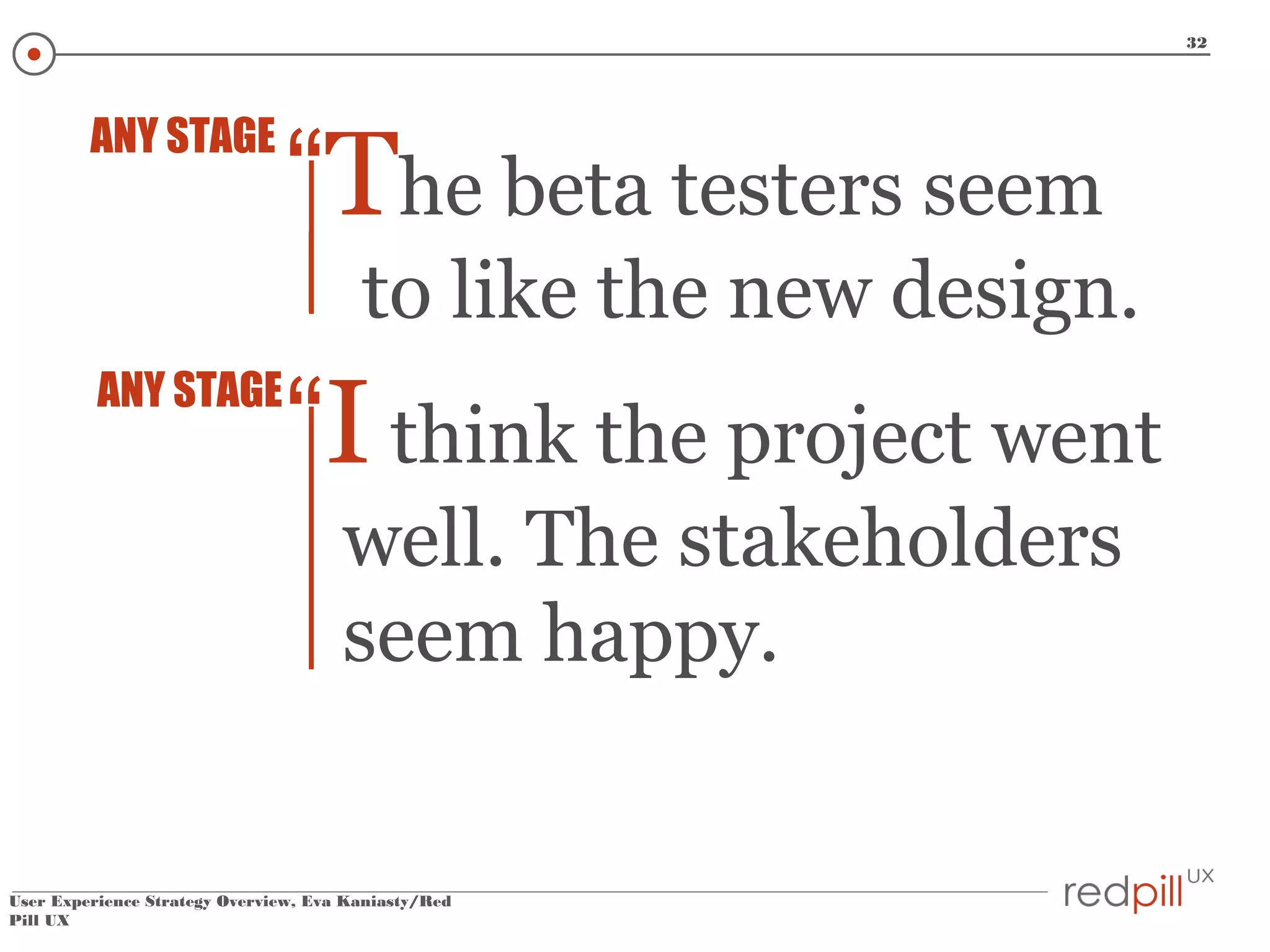 32

ANY STAGE

“The beta testers seem
to like the new design.

ANY STAGE

“I think the project went
well. The stakeholders
seem happy.

User Experience Strategy Overview, Eva Kaniasty/Red
Pill UX

 