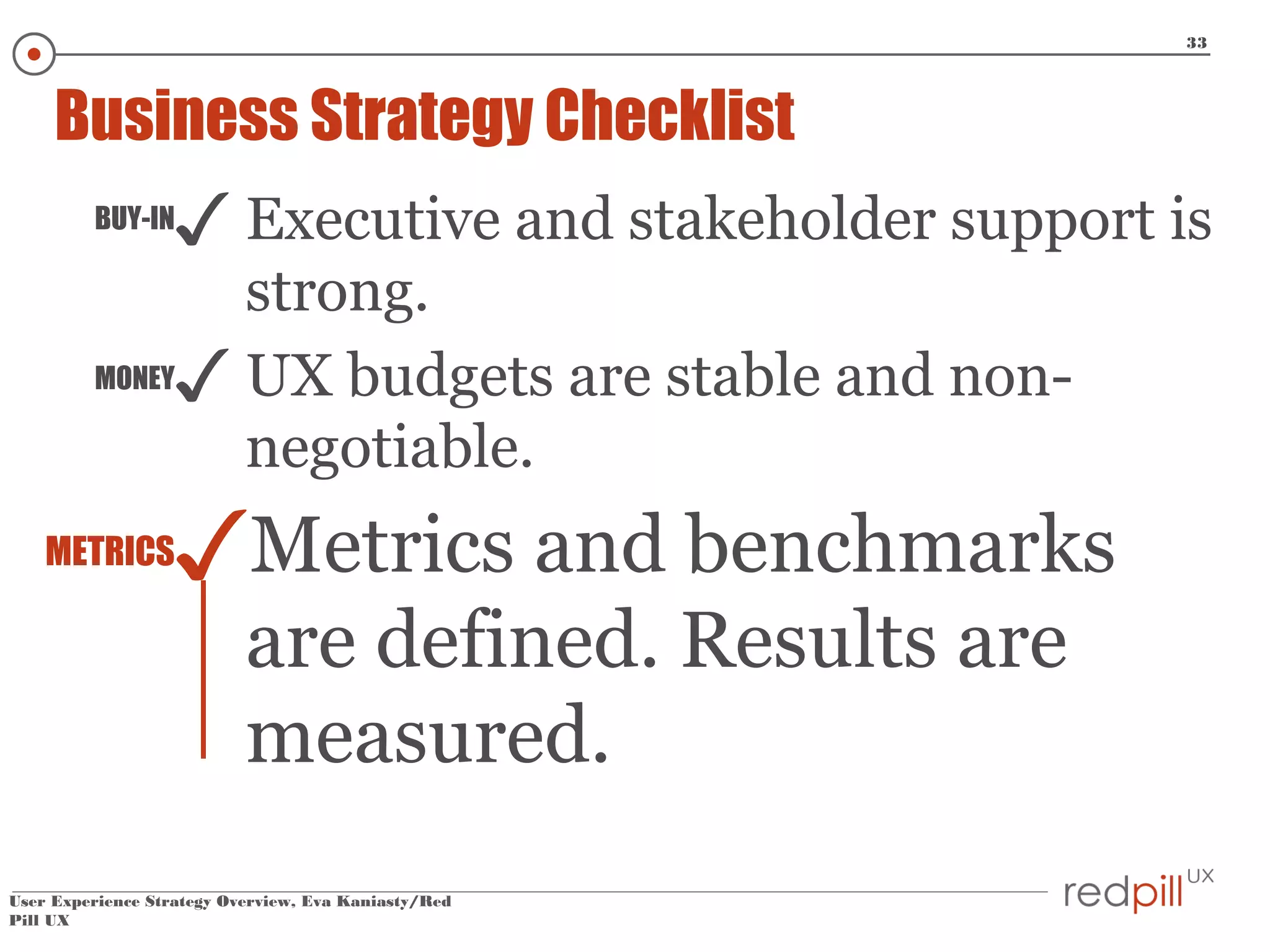 33

Business Strategy Checklist
BUY-IN

✓ Executive and stakeholder support is

strong.
MONEY✓ UX budgets are stable and nonnegotiable.
METRICS

✓Metrics and benchmarks
are defined. Results are
measured.

User Experience Strategy Overview, Eva Kaniasty/Red
Pill UX

 