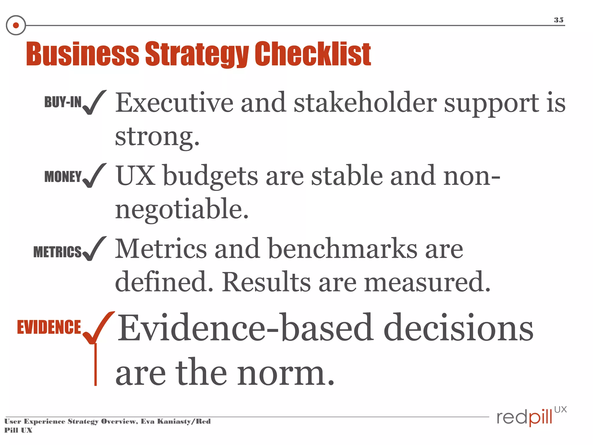 35

Business Strategy Checklist
BUY-IN

✓ Executive and stakeholder support is

strong.
MONEY✓ UX budgets are stable and nonnegotiable.
METRICS✓ Metrics and benchmarks are
defined. Results are measured.
EVIDENCE

✓Evidence-based decisions
are the norm.

User Experience Strategy Overview, Eva Kaniasty/Red
Pill UX

 