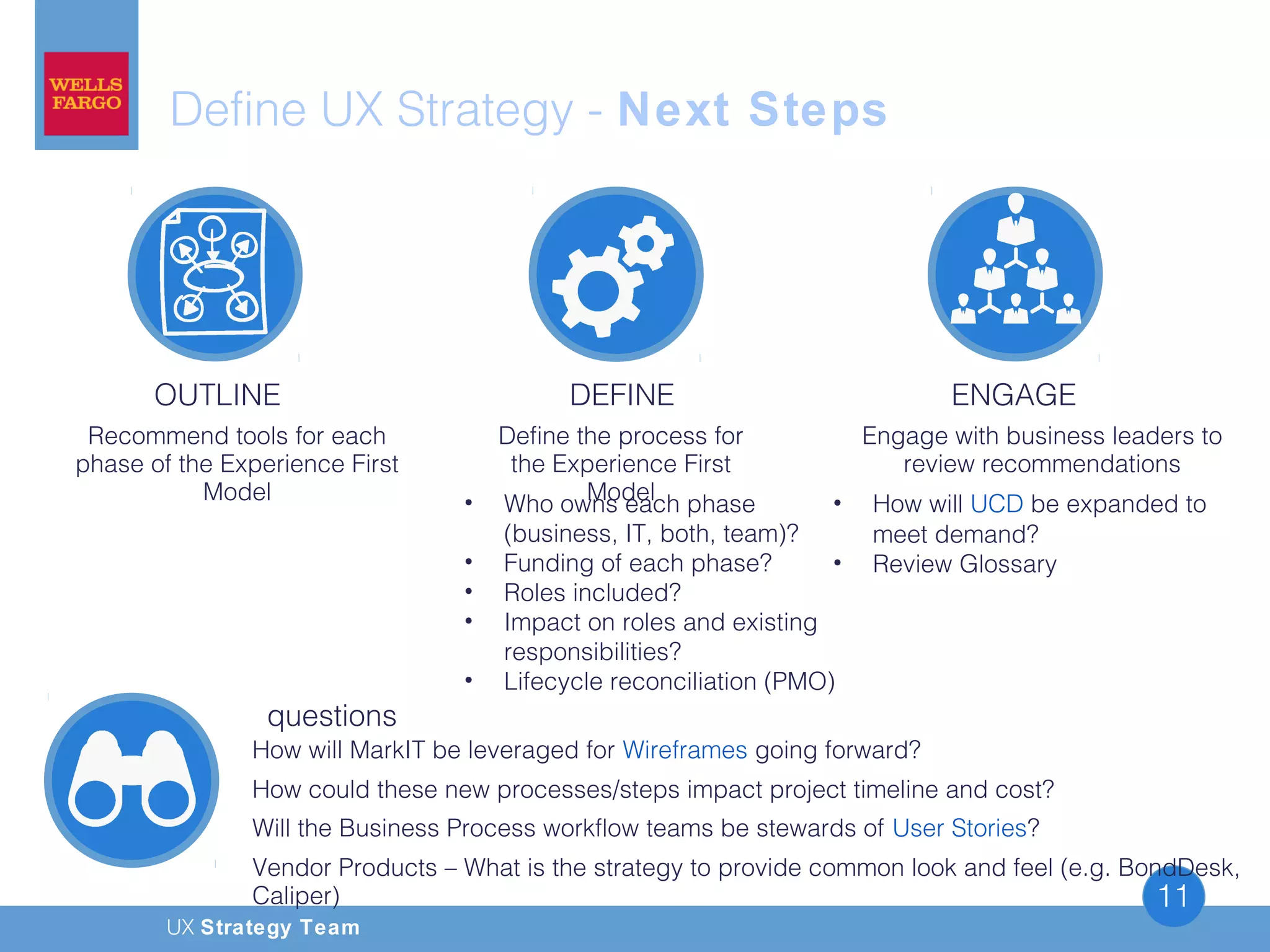 UX Strategy Team
11
OUTLINE
Recommend tools for each
phase of the Experience First
Model
DEFINE
Define the process for
the Experience First
Model
ENGAGE
Engage with business leaders to
review recommendations
How will MarkIT be leveraged for Wireframes going forward?
How could these new processes/steps impact project timeline and cost?
Will the Business Process workflow teams be stewards of User Stories?
Vendor Products – What is the strategy to provide common look and feel (e.g. BondDesk,
Caliper)
Define UX Strategy - Next Steps
questions
• Who owns each phase
(business, IT, both, team)?
• Funding of each phase?
• Roles included?
• Impact on roles and existing
responsibilities?
• Lifecycle reconciliation (PMO)
• How will UCD be expanded to
meet demand?
• Review Glossary
 