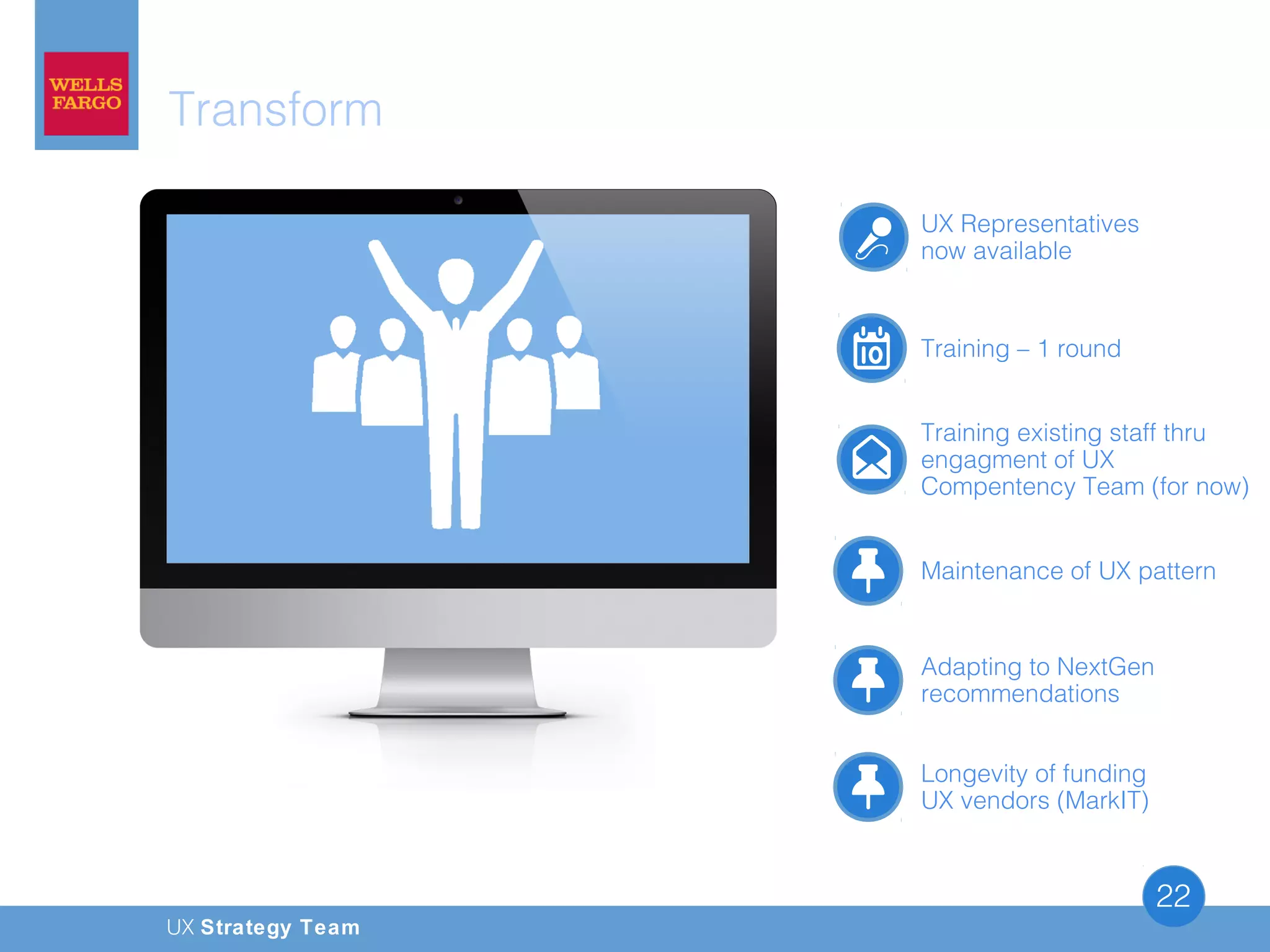 UX Strategy Team
22
UX Representatives
now available
Training – 1 round
Training existing staff thru
engagment of UX
Compentency Team (for now)
Maintenance of UX pattern
Transform
Adapting to NextGen
recommendations
Longevity of funding
UX vendors (MarkIT)
 