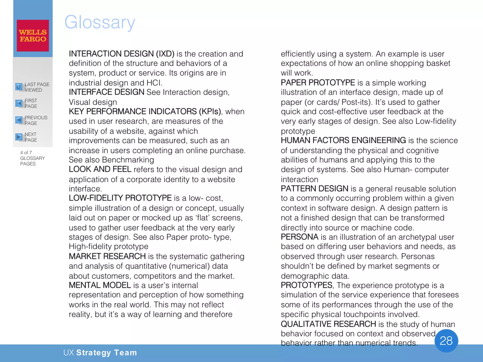 UX Strategy Team
28
Glossary
PREVIOUS
PAGE
FIRST
PAGE
LAST PAGE
VIEWED
NEXT
PAGE
4 of 7
GLOSSARY
PAGES
 