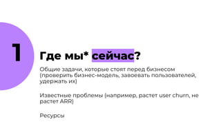 Общие задачи, которые стоят перед бизнесом
(проверить бизнес-модель, завоевать пользователей,
удержать их)
Известные проблемы (например, растет user churn, не
растет ARR)
Ресурсы
1 Где мы* сейчас?
 