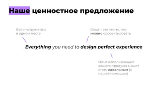 Everything you need to design perfect experience
Все инструменты
в одном месте
Опыт – это что-то, что
можно спроектировать
Опыт использования
вашего продукта может
стать идеальным (с
нашей помощью)
Наше ценностное предложение
 