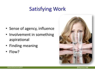 Satisfying Work
• Sense of agency, influence
• Involvement in something
aspirational
• Finding meaning
• Flow?
@Seymour188cassandramoorephd
 