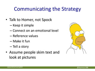 Communicating the Strategy
• Talk to Homer, not Spock
– Keep it simple
– Connect on an emotional level
– Reference values
– Make it fun
– Tell a story
• Assume people skim text and
look at pictures
@Seymour188cassandramoorephd
 