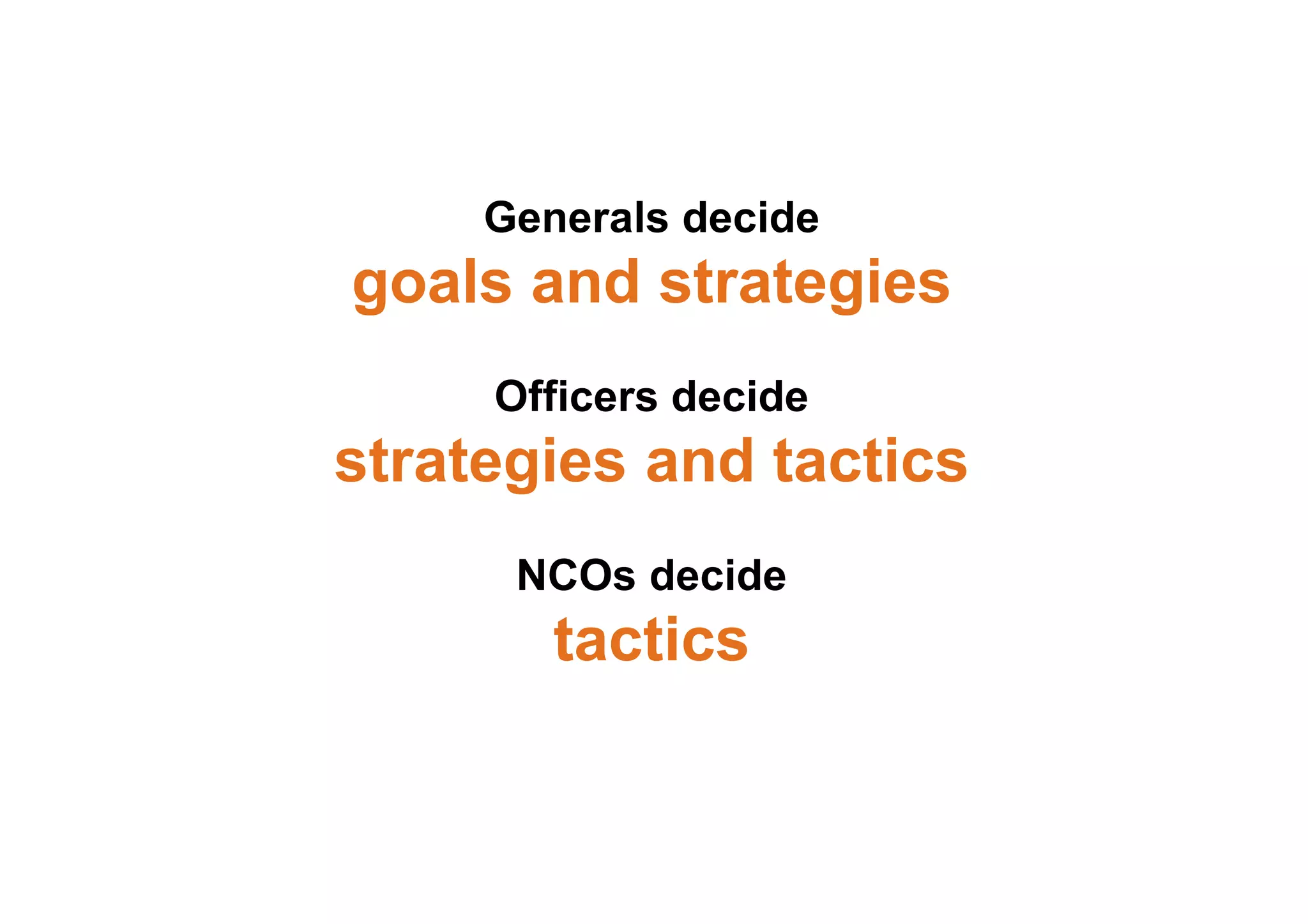 Generals decide
goals and strategies
Officers decide
strategies and tactics
NCOs decide
tactics
 