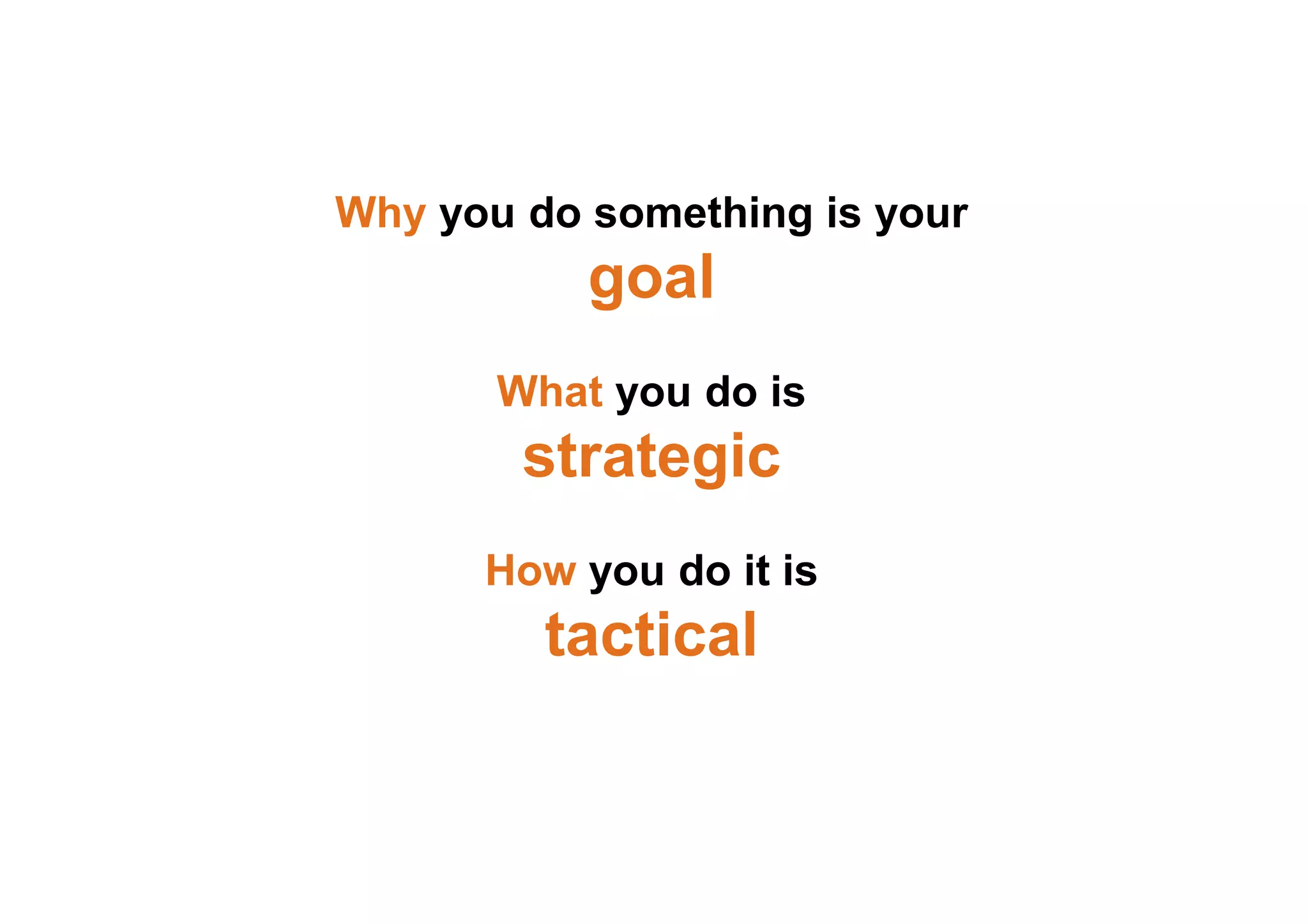 Why you do something is your
goal
What you do is
strategic
How you do it is
tactical
 