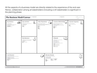 All the aspects of a business model are directly related to the experience of the end user.
Hence, collaboration among all stakeholders (including a UX stakeholder) is signiﬁcant in
the planning phase.
 