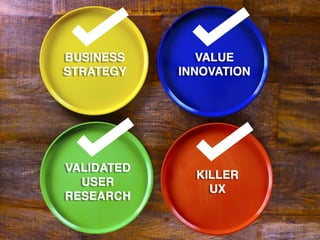 UX Design vs. UX Strategy
When you are doing design, you are creating
something. When you are doing strategy, you are
coming up with a game plan before creating
something.
Excerpt From: Jaime Levy. “UX Strategy: How to Devise Innovative Digital Products That People Want.” iBooks.
 