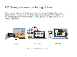 UX Strategy focuses on the big picture
When you are looking at the user experience of a brand, it is about the whole
ecosystem; the entire gamut of different digital products, services and platforms.
UX strategy at that level interconnects all the products of a digital family with a
uniﬁed experience.
Some products of the Apple ecosystem
 