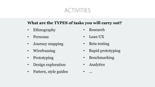 What are the TYPES of tasks you will carry out?
• Ethnography
• Personas
• Journey mapping
• Wireframing
• Prototyping
• Design exploration
• Pattern, style guides
• Research
• Lean UX
• Beta testing
• Rapid prototyping
• Benchmarking
• Analytics
• ...
ACTIVITIES
 
