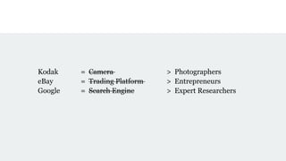 Kodak = Camera > Photographers
eBay = Trading Platform > Entrepreneurs
Google = Search Engine > Expert Researchers
 