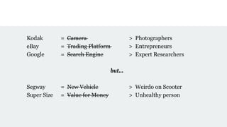 Kodak = Camera > Photographers
eBay = Trading Platform > Entrepreneurs
Google = Search Engine > Expert Researchers
but…
Segway = New Vehicle > Weirdo on Scooter
Super Size = Value for Money > Unhealthy person
 