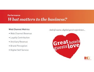 Performance
What matters to the business?
Web Channel Metrics
• Web Channel Revenue
• Loyalty Contribution
• Ancillary Revenue
• Brand Perception
• Digital Self Service
And of course, digital guest experience…
 