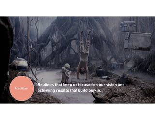 24
Routines that keep us focused on our vision and
achieving results that build buy-in.
Practices
 