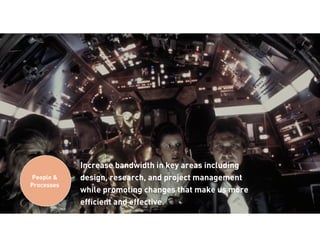 28
Increase bandwidth in key areas including
design, research, and project management
while promoting changes that make us more
efficient and effective.
People &
Processes
 