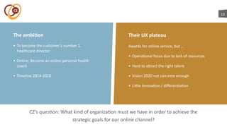 23
The	
  ambi7on
• To	
  become	
  the	
  customer’s	
  number	
  1.	
  
healthcare	
  director	
  
• Online:	
  Become	
  an	
  online	
  personal	
  health	
  
coach	
  
• Timeline	
  2014-­‐2020
CZ’s	
  quesaon:	
  What	
  kind	
  of	
  organizaaon	
  must	
  we	
  have	
  in	
  order	
  to	
  achieve	
  the	
  
strategic	
  goals	
  for	
  our	
  online	
  channel?
Their	
  UX	
  plateau
Awards	
  for	
  online	
  service,	
  but	
  …	
  
• Operaaonal	
  focus	
  due	
  to	
  lack	
  of	
  resources	
  
• Hard	
  to	
  a^ract	
  the	
  right	
  talent	
  
• Vision	
  2020	
  not	
  concrete	
  enough	
  
• Li^le	
  innovaaon	
  /	
  diﬀerenaaaon
 