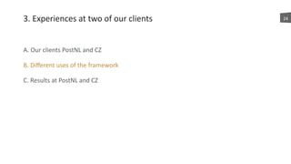 3.	
  Experiences	
  at	
  two	
  of	
  our	
  clients
A.	
  Our	
  clients	
  PostNL	
  and	
  CZ	
  
B.	
  Diﬀerent	
  uses	
  of	
  the	
  framework	
  
C.	
  Results	
  at	
  PostNL	
  and	
  CZ
24
 