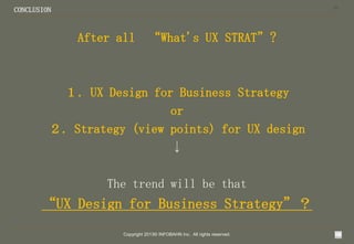 18

CONCLUSION

After all

What's UX STRAT?

UX Design for Business Strategy
or
Strategy (view points) for UX design

The trend will be that

UX Design for Business Strategy
Copyright 2013? INFOBAHN Inc. All rights reserved.

 