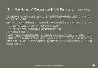10

-The

Marriage of Corporate & UX Strategy

Leah Buley

Intuit社UX StrategistであるLeahによる、企業戦略とUX戦略との融合についての
ケーススタディ紹介。
自社...