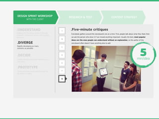 DESIGN SPRINT WORKSHOP
WITH THE CLIENT
.UNDERSTAND
.DIVERGE
.DECIDE
.PROTOTYPE
Digging into the design problem through
research, competitive review, and strategy
exercises.
Rapidly developing as many
solutions as possible.
Choose the best ideas and hammer out a
user story.
Build something quick and dirty that can
be shown to users.
RESEARCH & TEST CONTENT STRATEGY
A
B
C
D
E
F
G
.Five-minute critiques
Everybody gathers around the storyboards one at a time. First, people talk about what they liked, then
we ask the person who drew it if we missed anything important. Usually the best, most popular
ideas are the ones people can understand without an explanation, so the author of the
storyboard oﬅen doesn’t have anything else to add.
5min/idea
 