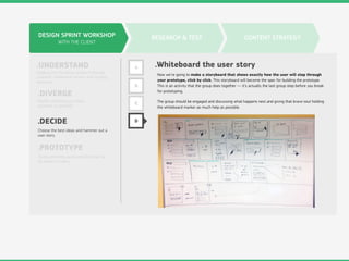 DESIGN SPRINT WORKSHOP
WITH THE CLIENT
.UNDERSTAND
.DIVERGE
.DECIDE
.PROTOTYPE
Digging into the design problem through
research, competitive review, and strategy
exercises.
Rapidly developing as many
solutions as possible.
Choose the best ideas and hammer out a
user story.
Build something quick and dirty that can
be shown to users.
RESEARCH & TEST CONTENT STRATEGY
A
B
C
D
.Whiteboard the user story
Now we’re going to make a storyboard that shows exactly how the user will step through
your prototype, click by click. This storyboard will become the spec for building the prototype.
This is an activity that the group does together — it’s actually the last group step before you break
for prototyping.
The group should be engaged and discussing what happens next and giving that brave soul holding
the whiteboard marker as much help as possible.
 