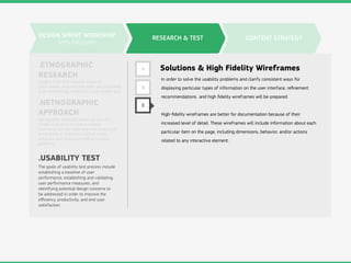 RESEARCH & TEST
.ETNOGRAPHIC
RESEARCH
.USABILITY TEST
.NETNOGRAPHIC
APPROACH
Insights from ﬁeld research. Notes of
observations, analyzing the notes and presenting
in an enlightening, meaningful, and credible way.
Netnography approach allows not only the
simple evaluation of product-related
comments, but the exploration and analysis of
entire ﬁelds of innovation such as trends,
behaviors and motives as well as complex
problems.
The goals of usability test process include
establishing a baseline of user
performance, establishing and validating
user performance measures, and
identifying potential design concerns to
be addressed in order to improve the
eﬃciency, productivity, and end-user
satisfaction.
DESIGN SPRINT WORKSHOP
WITH THE CLIENT
CONTENT STRATEGY
A
B
C
In order to solve the usability problems and clarify consistent ways for
displaying particular types of information on the user interface, reﬁnement
recommendations and high ﬁdelity wireframes will be prepared.
High-ﬁdelity wireframes are better for documentation because of their
increased level of detail. These wireframes will include information about each
particular item on the page, including dimensions, behavior, and/or actions
related to any interactive element.
Solutions & High Fidelity Wireframes
 