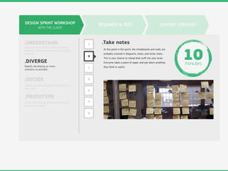 DESIGN SPRINT WORKSHOP
WITH THE CLIENT
.UNDERSTAND
.DIVERGE
.DECIDE
.PROTOTYPE
Digging into the design problem through
research, competitive review, and strategy
exercises.
Rapidly developing as many
solutions as possible.
Choose the best ideas and hammer out a
user story.
Build something quick and dirty that can
be shown to users.
RESEARCH & TEST CONTENT STRATEGY
A
B
C
D
E
F
G
.Take notes
At this point in the sprint, the whiteboards and walls are
probably covered in diagrams, notes, and sticky notes.
This is your chance to reload that stuﬀ into your brain.
Everyone takes a piece of paper and jots down anything
they think is useful.
10minutes
 