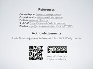 CourseReport (www.coursereport.com)
Careerfoundry (www.careerfoundry.com)
Dribble (www.dribble.com)
Scale360 (https://www.scale360solutions.com)
Pixabay https://pixabay.com/en/users/sasint-3639875/
References
www.slideshare.net/
mayureesrikulwong
Acknowledgements
SpecialThanks to JuthamasVadhanapanich for a UX/UI Design Lecture
 