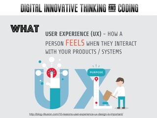 What
DIGITAL INNOVATIVE THINKING & CODING
USER EXPERIENCE (UX) - HOW A
PERSON FEELS WHEN THEY INTERACT
WITH YOUR PRODUCTS / SYSTEMS
http://blog.rillusion.com/10-reasons-user-experience-ux-design-is-important/
 
