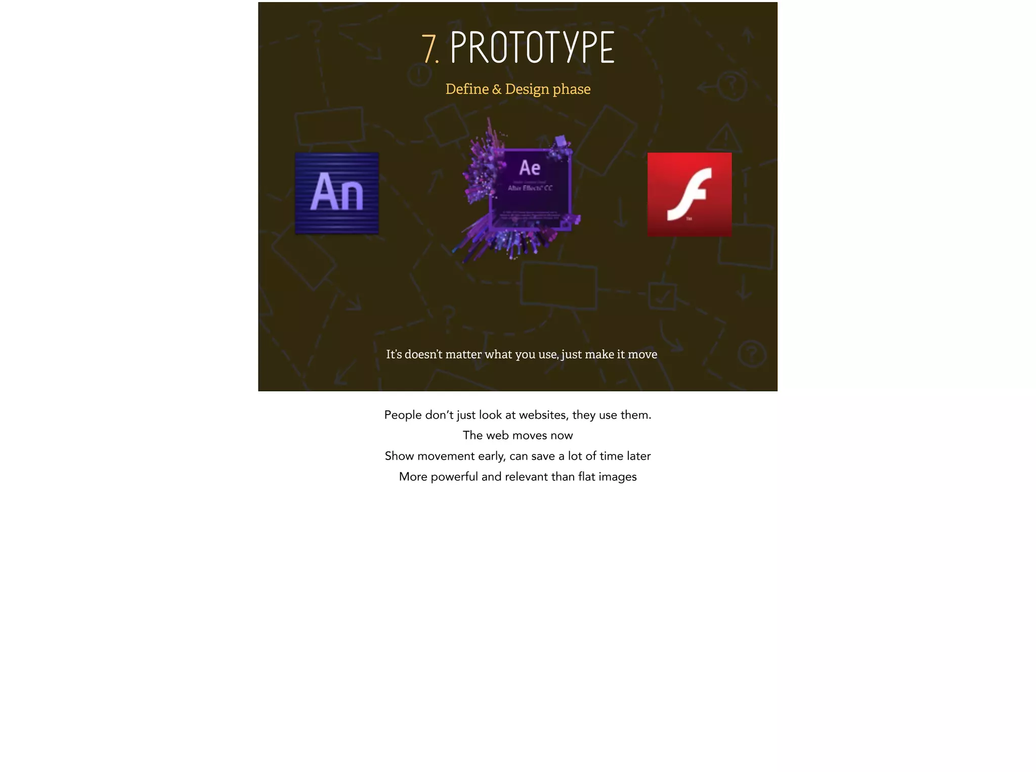 7. PROTOTYPE 
Define & Design phase 
It’s doesn’t matter what you use, just make it move 
People don’t just look at websites, they use them. 
The web moves now 
Show movement early, can save a lot of time later 
More powerful and relevant than flat images 
 