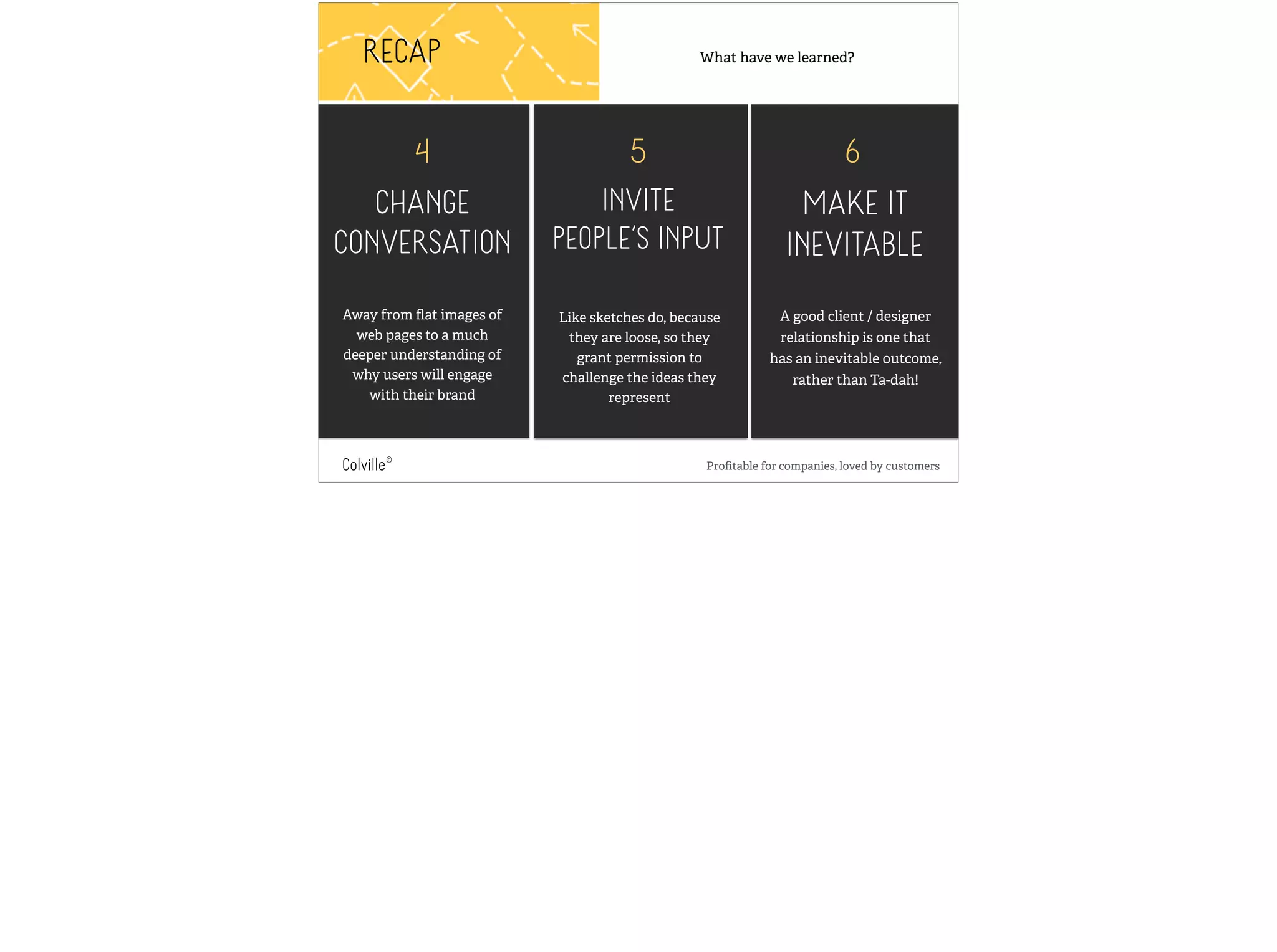 RECAP 
4 5 6 
CHANGE 
CONVERSATION 
Away from flat images of 
web pages to a much 
deeper understanding of 
why users will engage 
with their brand 
INVITE 
What have we learned? 
PEOPLE’S INPUT 
Like sketches do, because 
they are loose, so they 
grant permission to 
challenge the ideas they 
represent 
MAKE IT 
INEVITABLE 
A good client / designer 
relationship is one that 
has an inevitable outcome, 
rather than Ta-dah! 
Colville© Profitable for companies, loved by customers 
 