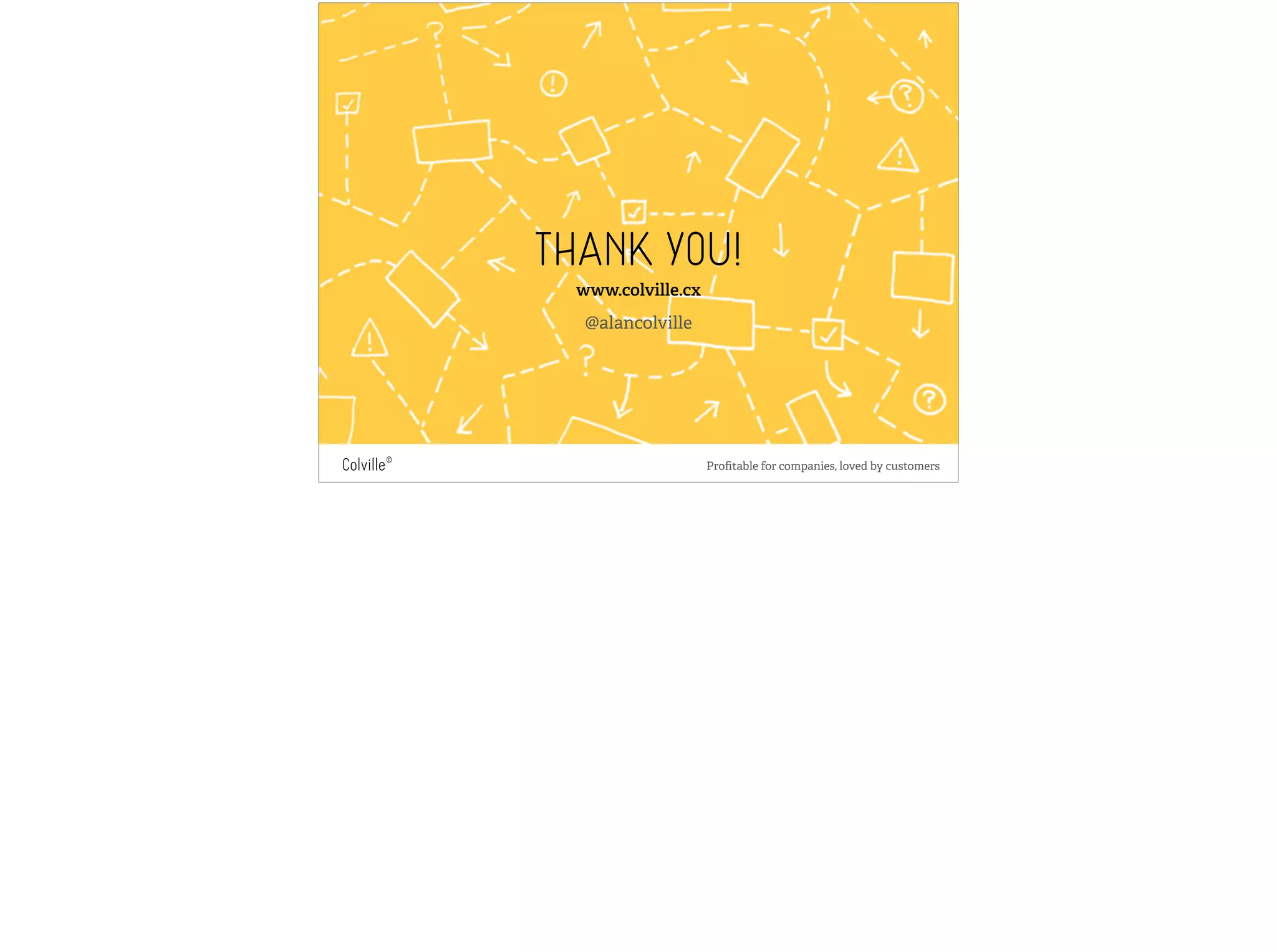 CUSTOMER EXPERIENCE 
CONSULTANCY 
Profitable for companies, loved by customers THANK YOU! 
www.colville.cx 
@alancolville 
Colville© Profitable for companies, loved by customers 
