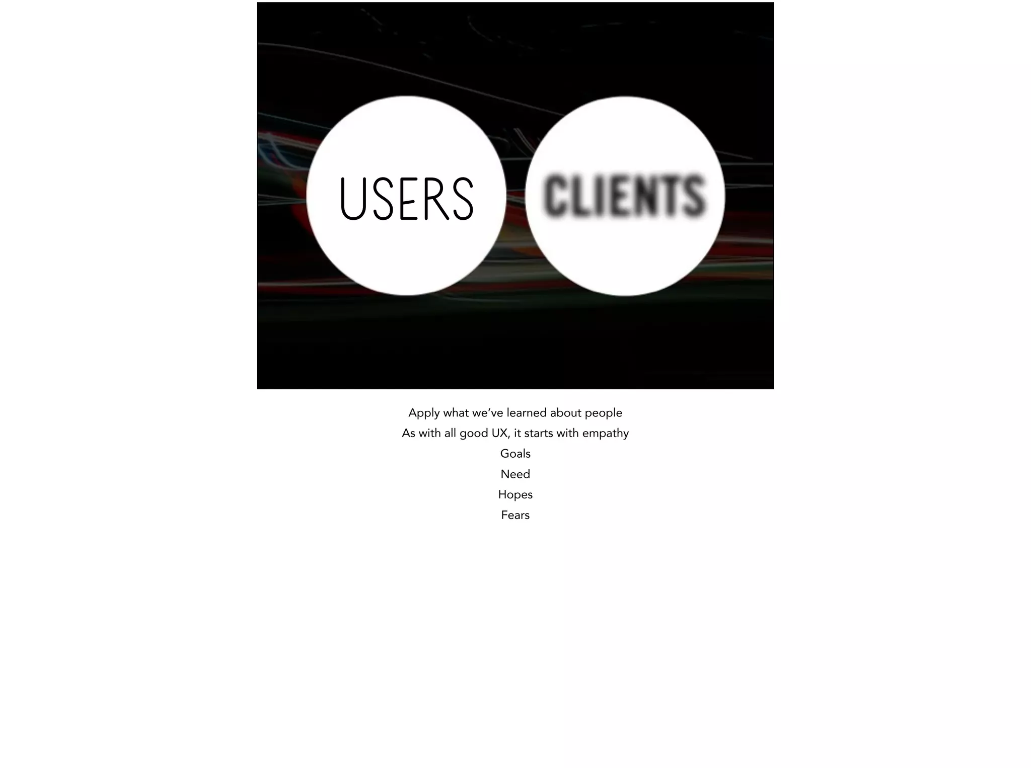 USERS 
Apply what we’ve learned about people 
As with all good UX, it starts with empathy 
Goals 
Need 
Hopes 
Fears 
 
