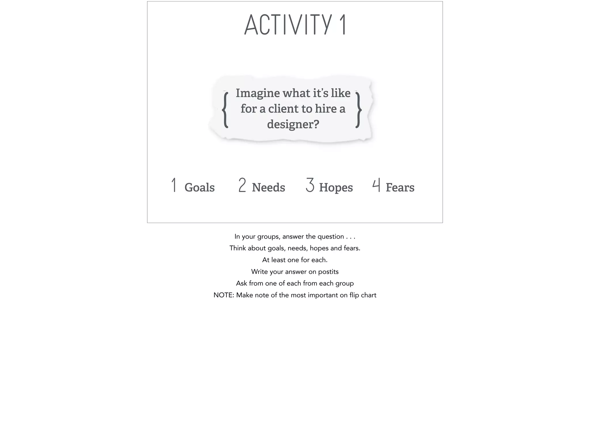 ACTIVITY 1 
{ Imagine what it’s like 
for a client to hire a 
} designer? 
1 Goals 2 Needs 3 Hopes 4 Fears 
In your groups, answer the question . . . 
Think about goals, needs, hopes and fears. 
At least one for each. 
Write your answer on postits 
Ask from one of each from each group 
NOTE: Make note of the most important on flip chart 
 