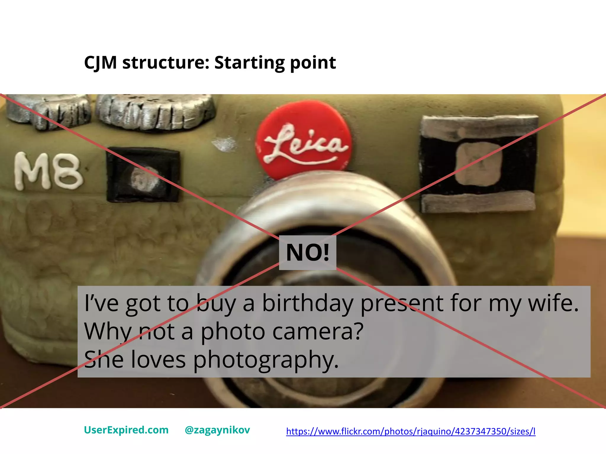 CJM structure: Starting point
UserExpired.com @zagaynikov https://www.flickr.com/photos/rjaquino/4237347350/sizes/l
I’ve got to buy a birthday present for my wife.
Why not a photo camera?
She loves photography.
NO!
 