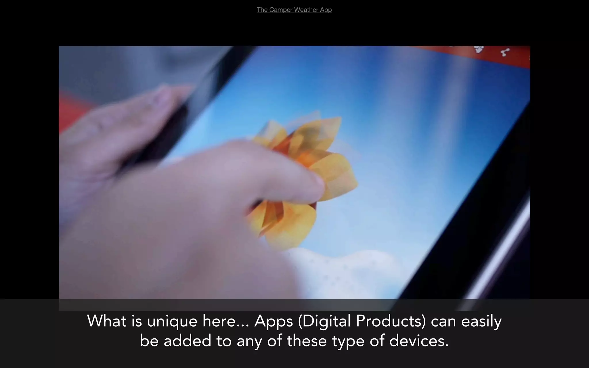 The Camper Weather App




What is unique here... Apps (Digital Products) can easily
       be added to any of these type of devices.
 