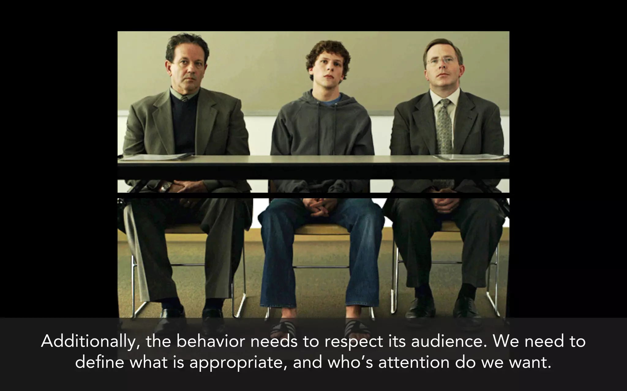 Additionally, the behavior needs to respect its audience. We need to
   de ne what is appropriate, and who’s attention do we want.
 