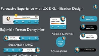 Persuasive Experience with UX & Gamification Design
BağımlılıkYaratan Deneyimler
Ercan Altuğ YILMAZ
Oyunlaştırma
Kullanıcı Deneyimi
 