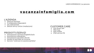 USER EXPERIENCE | Le persone
v a c a n z a i n f a m i g l i a . c o m
L’AZIENDA
● Gestione familiare
● 3 collaboratori/dipendenti
● sito web/portale
● Settore servizi online (mediazione)
PRODOTTI/SERVIZI
● prenotazione voli/treni/traghetti/auto
● prenotazione alberghiera
● prenotazione pacchetti attività
● vendita di pacchetti all inclusive
● Servizio “costruisci la vacanza perfetta”
CUSTOMER CARE
● Call center 24h
● Web App
● App mobile
● Chat service FB
 